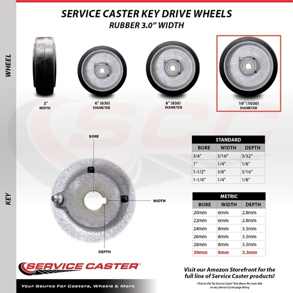 10" x 3" Rubber Tread on Cast Iron Keyed Drive Wheel - 30mm Bore-